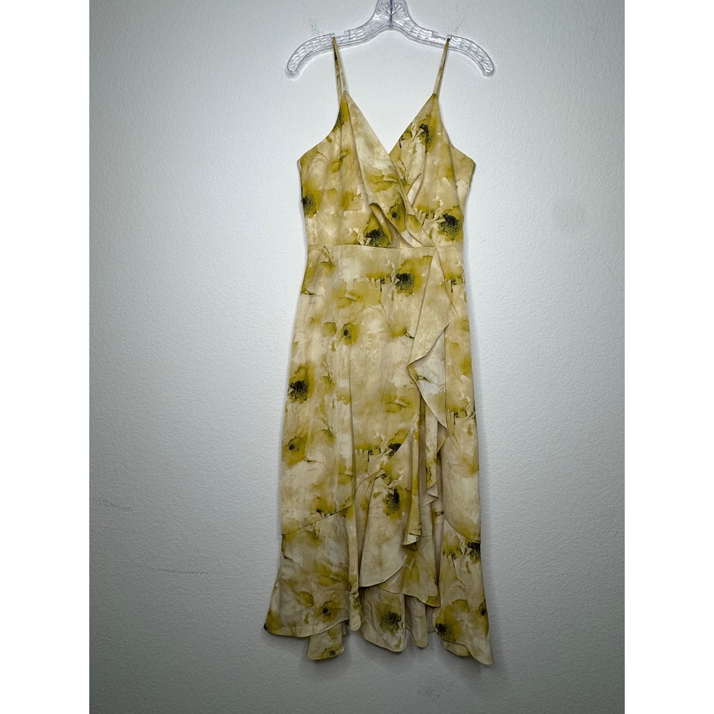 Chelsea 28 Yellow Floral Ruffle Faux Wrap Midi Dress NWT Womens Size Small
